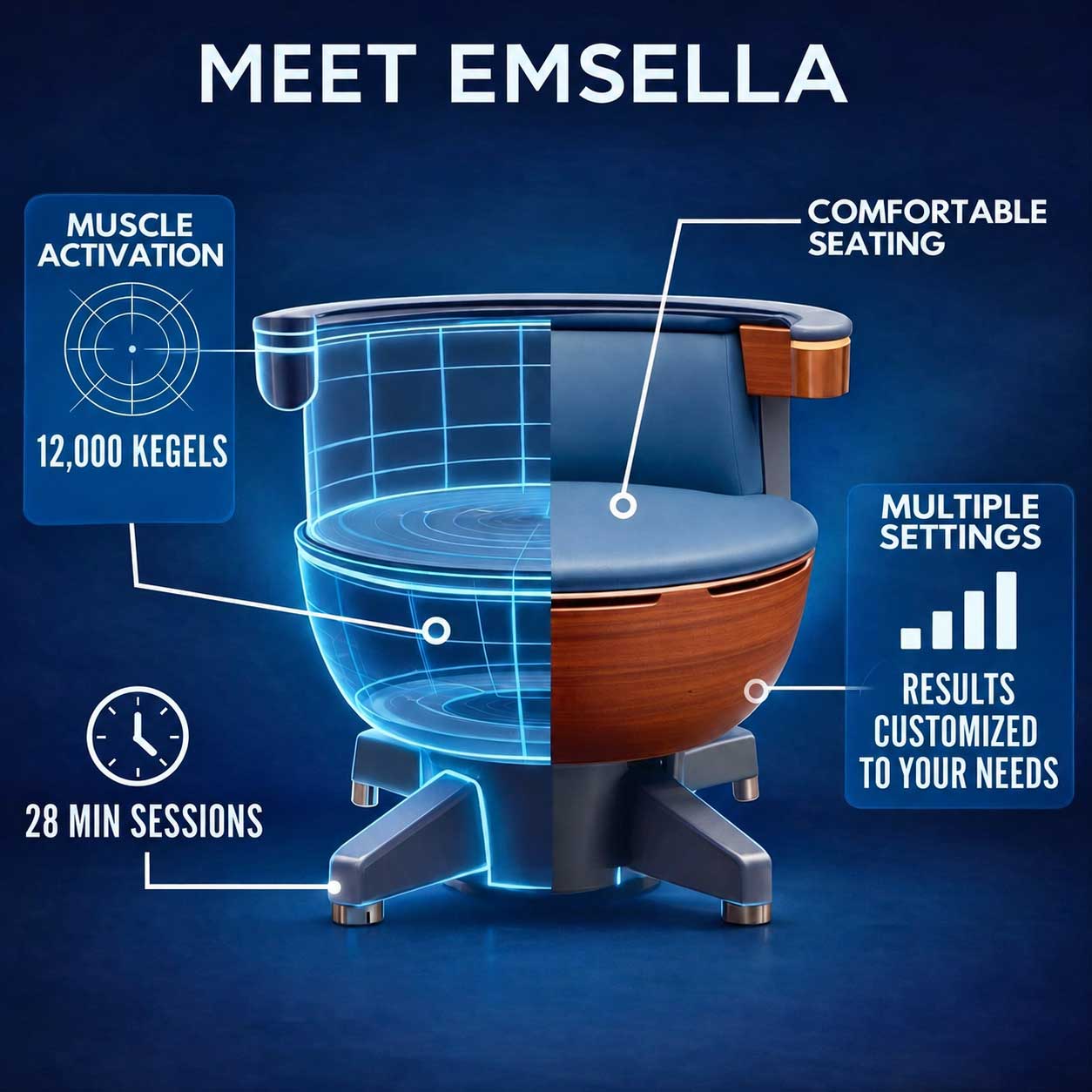 Learn how Emsella delivers the equivalent of thousands of Kegel exercises in a single session to improve bladder control and pelvic floor strength.