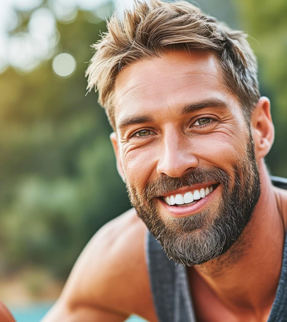 Smiling man outdoors with a basketball, showcasing an active and healthy lifestyle in a natural setting.